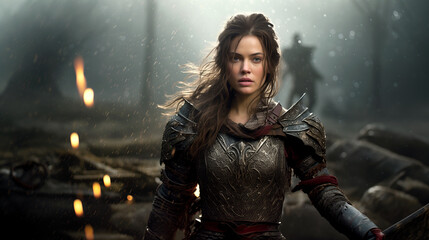 Naklejka premium woman warrior medieval knight with sword 