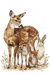 A family of deer and rabbits in a peaceful field, perfect for nature and wildlife concepts