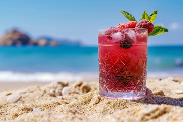 Tempting summer berry cocktail in a pristine clear glass on a radiant sandy beach