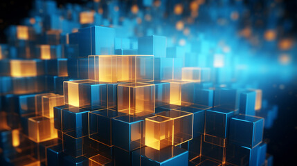 Blue and gold cubes with neon glow light, creativity, database, digital, internet, blockchain, innovation concept, hi-tech abstract backgroud, generative AI
