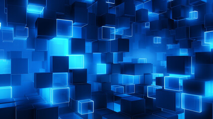 Futuristic blue digital geometric technology cube background banner illustration 3D - Glowing blue shape texture wall, generative AI