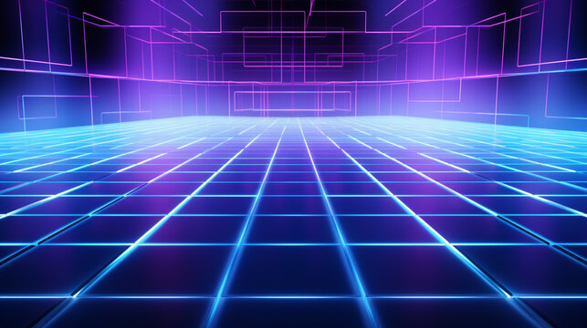 Cyan blue and purple grids neon glow light lines design on perspective floor, creativity, digital, internet, cyberpunk, virtual reality concept, hi-tech abstract backgroud, generative AI