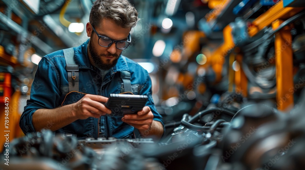 Fototapete in this concept, an auto mechanic checks the ecu engine system with an obd2 wireless scanning tool, 