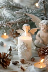 Fototapeta premium A beautiful candle surrounded by angel figurines and pine cones, perfect for holiday decorations