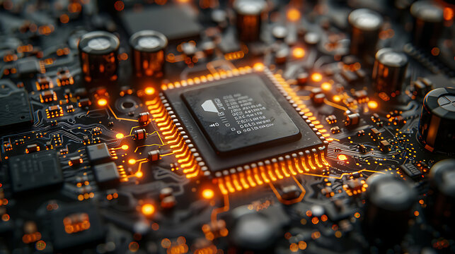 Electronic Blueprint Close-Up of a Computer Microchip on Motherboard Visualizing the Intricacies of Digital Technology