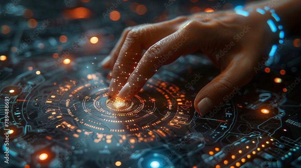 Poster Data privacy and cyber security on the internet for e-mail and credit cards. Password encryption. Finger touch futuristic HUD hologram lock icon.