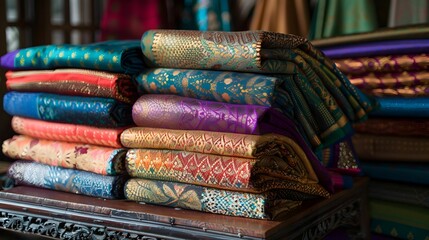 Piles of colorful traditional Asian silk textiles with intricate patterns, displayed on a wooden shelf.