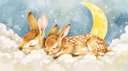 Two baby deer peacefully sleeping on a fluffy cloud. Suitable for nursery decor