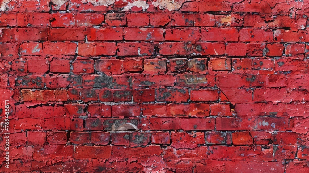 Poster A weathered red brick wall with peeling paint. Suitable for background or texture use