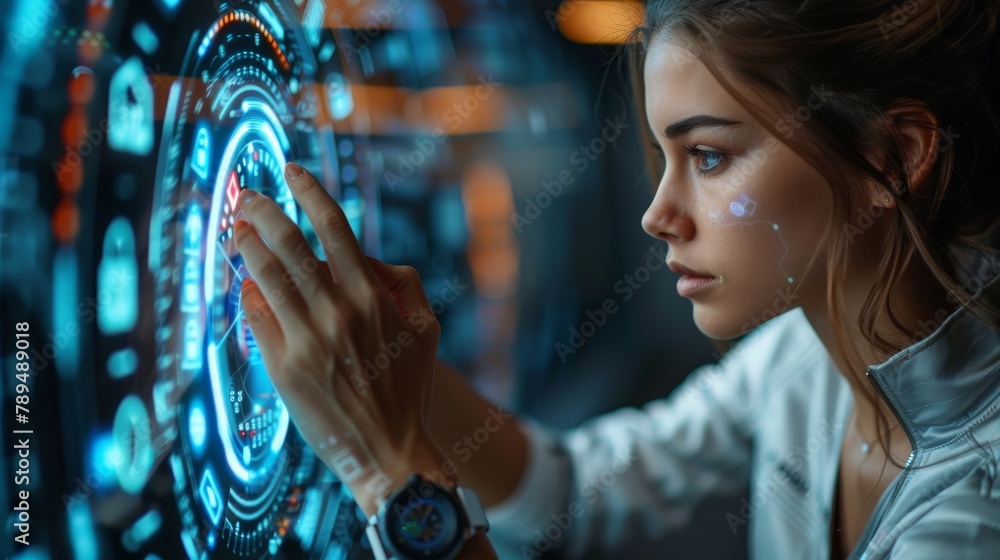 Aufkleber data protection and business confidentiality are checked by a businesswoman on her smart watch. a pa