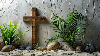 Wooden Christian crucifix wooden background with potted palm  leaves Easter attributes - obrazy, fototapety, plakaty