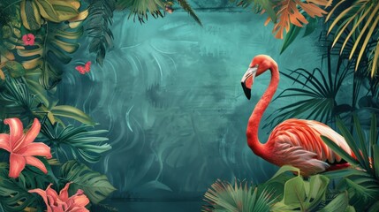 Vibrant painting of a flamingo in a lush tropical environment. Ideal for nature and wildlife themed projects