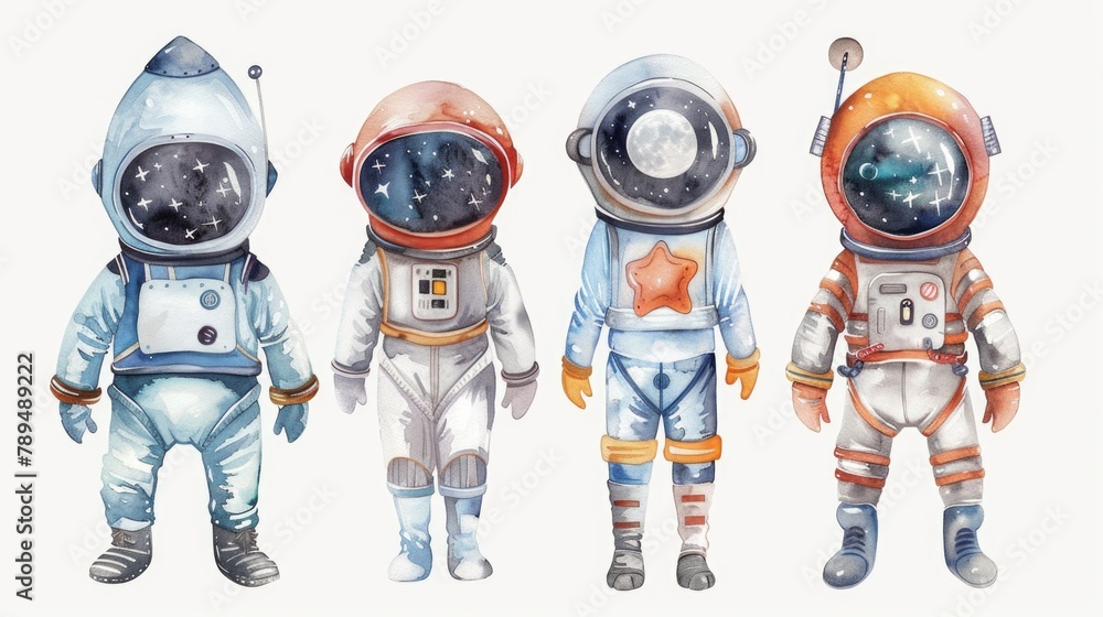 Poster Three astronauts standing in a group. Suitable for science and space-related projects