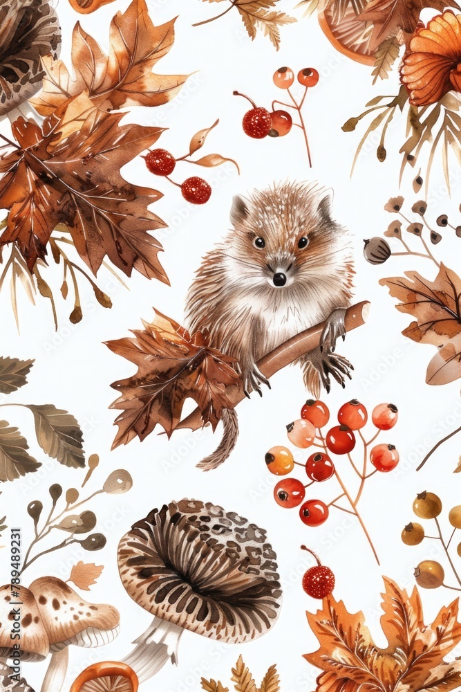 Poster a hedge sitting on a branch with surrounding leaves and berries. suitable for nature and wildlife th