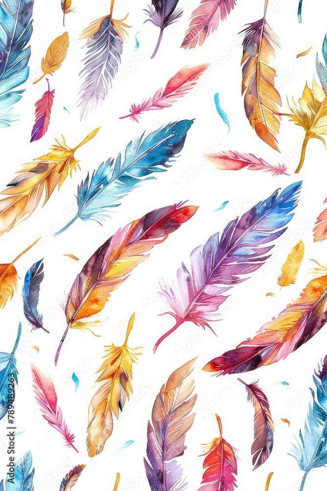 Poster Vibrant feathers arranged in a pattern on a clean white backdrop. Perfect for a variety of design projects