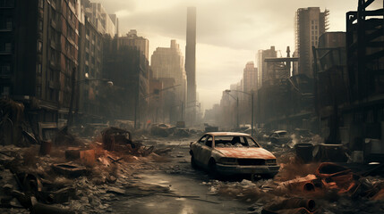 post-apocalypse war destroyed city sunset in the city - Powered by Adobe