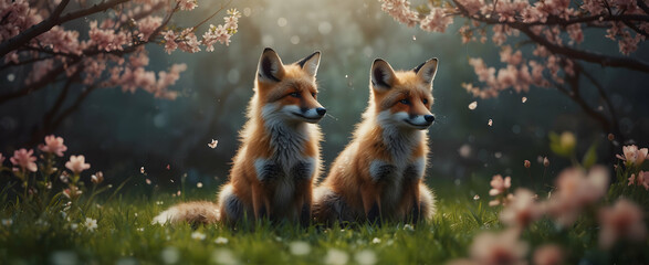 Paws and Blossoms: A Family of Foxes Among Spring Blossoms Reflecting Life Renewal in Close-Up Small Animal Double Exposure