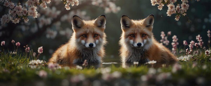 Paws and Blossoms: A Cozy Family of Foxes Among Spring Blossoms, Reflecting the Renewal of Life in Close-Up Small Animal Double Exposure Photo Stock Concept