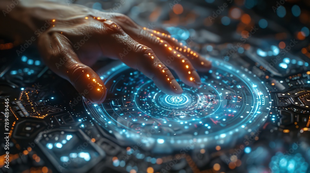 Poster Artificial design concept depicting a businessman operating a holographic screen with a robotic hand in front of an artificial blue screen.