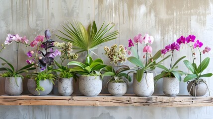 Lush Botanical Display of Assorted Potted Orchids and Tropical Foliage Artfully Arranged on Wooden Shelving against Whitewashed Wall