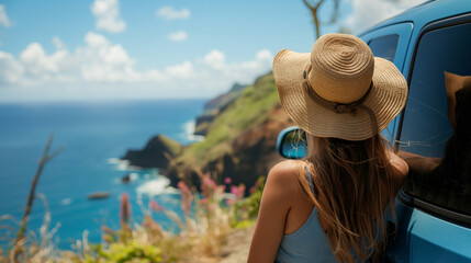 Young Woman wearing a Straw Hat Enjoying Scenic Ocean View from Car: Feminine Traveler