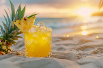 Refreshing pineapple cocktail in clear glass on sunny beach for a tropical summer escape