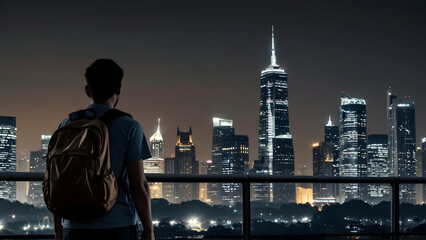 Fototapeta na wymiar Urban Wanderlust Chronicles: A Backpacker's Tale Unfolding Against the City Skyline - Travel and Adventure Stock Concept