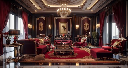 Hollywood Regency inspired 3D interior with Ruby-colored upholstery and lavish decor - obrazy, fototapety, plakaty