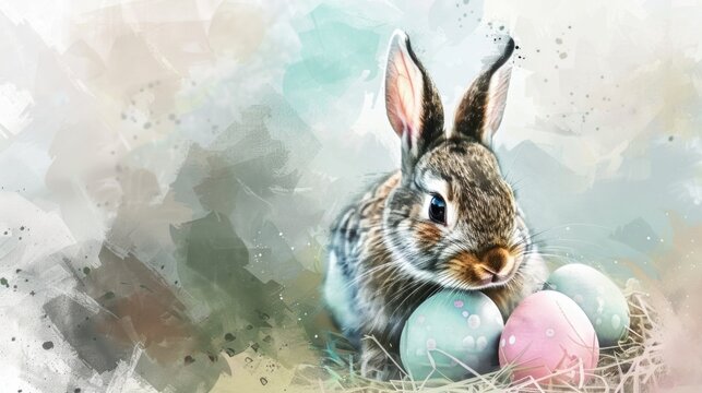 A painting of a rabbit sitting in a nest with eggs. Suitable for Easter and spring themed designs