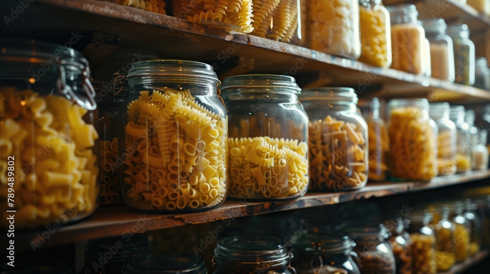 Poster a shelf filled with jars of pasta, ideal for food and pantry concepts