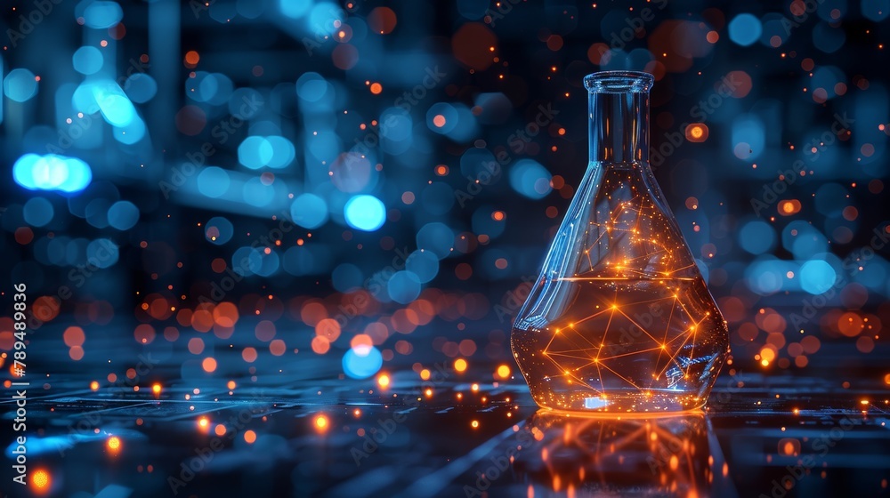 Poster low poly wireframe modern illustration of an abstract lab flask with blue liquid and chemistry molec