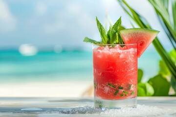 Obraz premium Tasty watermelon cocktail in a clear glass on a stunning and sunny beach setting
