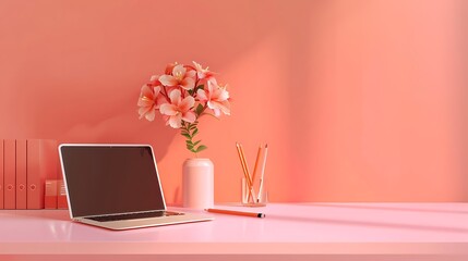 Office light interior of workplace white table desk with modern laptop documents orange notebook pencils flower isolated on pastel pink wall background