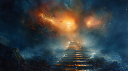 Majestic stairway ethereal art stairs in clouds towards the sky Concept of journey, ascension, heavenly realms, and mystical passages. Watercolor art - obrazy, fototapety, plakaty