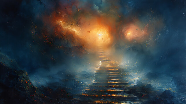 Majestic stairway ethereal art stairs in clouds towards the sky Concept of journey, ascension, heavenly realms, and mystical passages. Watercolor art