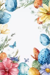Colorful watercolor painting of Easter eggs and flowers. Perfect for Easter-themed designs