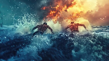 Two elite swimmers competing in a thrilling race, each pushing their limits to win, - obrazy, fototapety, plakaty