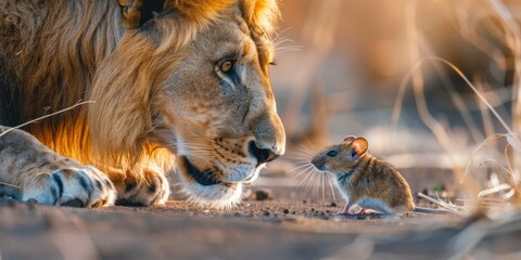 Intense encounter between a lion and a mouse in golden hour light.