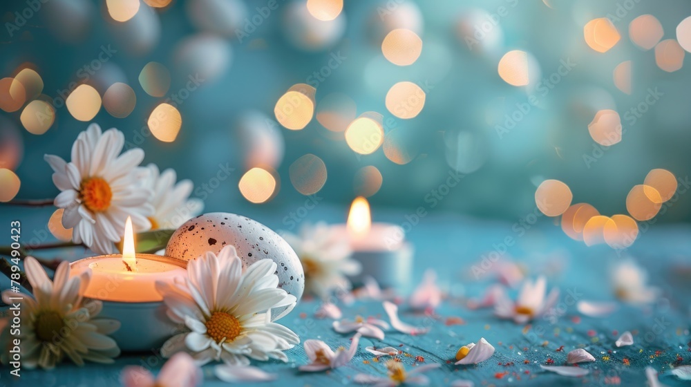 Poster A simple composition of a candle and flowers on a table. Suitable for home decor or event planning