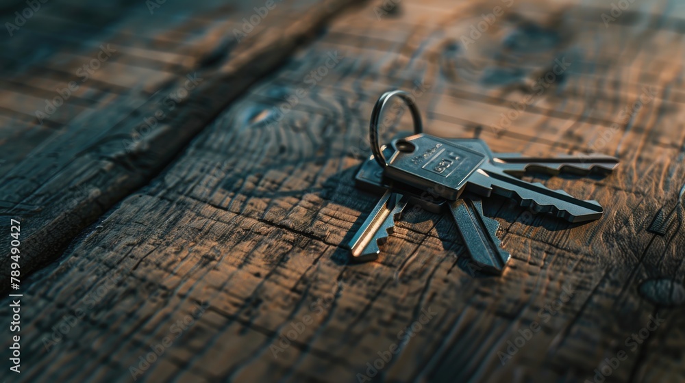 Poster A bunch of keys on a wooden table. Suitable for various concepts
