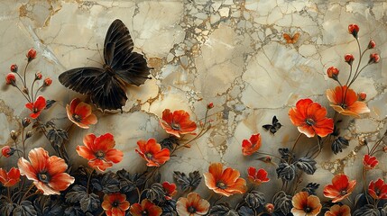 panel wall art, marble background with flowers designs and butterfly silhouette, wall decoration - obrazy, fototapety, plakaty