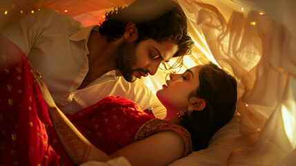 create a dramatic poster featuring a 29-year-old handsome and charming Indian man lying closer to a 25-year-old pretty and innocent-looking girl