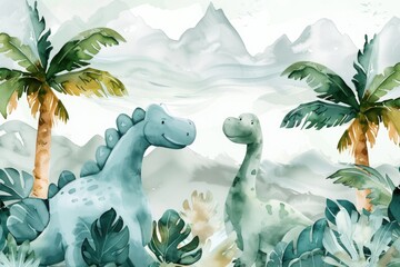 A painting of two dinosaurs in a lush jungle. Ideal for educational materials or children's books - obrazy, fototapety, plakaty