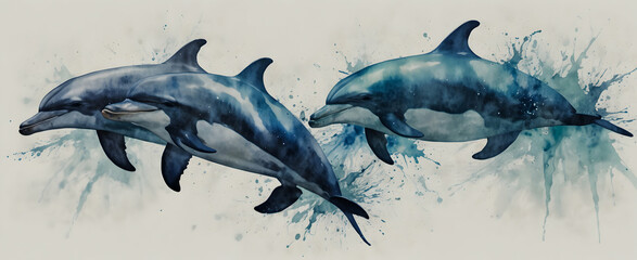 Vibrant Watercolor Hand Drawing: A Pod of Dolphins Displaying Aquatic Amity in Double Exposure Close-Up: Stock Image for Construction and Nature Concept