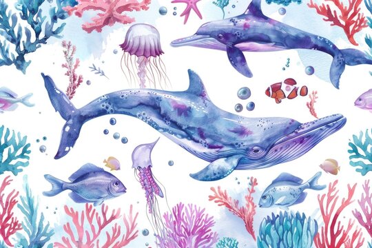 Beautiful watercolor painting of whales swimming among jellyfish. Ideal for marine themed designs