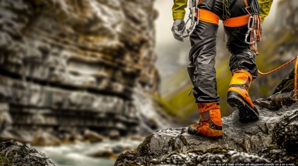 Close-up of a thigh climber with equipment on a belt, stands on a rock. digital ai art
