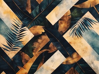 A colorful abstract painting of leaves and branches. The painting is made up of different shades of green, brown, and blue. The overall mood of the painting is calm and serene, with the leaves - obrazy, fototapety, plakaty
