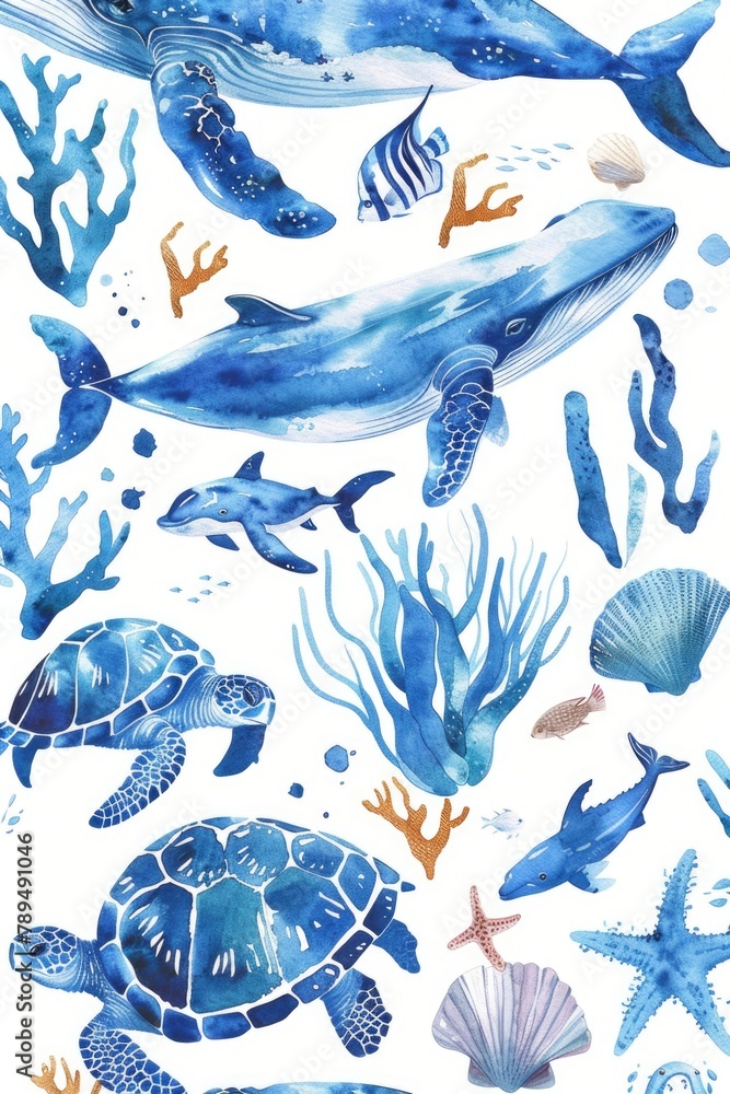 Wall mural A beautiful watercolor painting of various sea animals. Perfect for educational materials or nature-themed designs