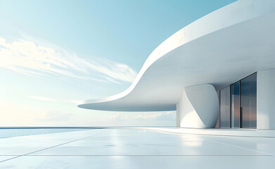 3D render of a white futuristic building against a blue sky, with a simple shape and minimalistic style. The building has a white floor and is viewed from a high angle