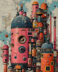 A whimsical steampunk laboratory where mad scientists and eccentric inventors push the boundaries of possibility, retro aesthetic, collage of a 70s style, vintage & pop background, wallpaper, poster